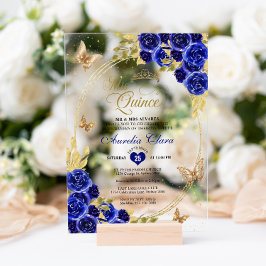 Invitaciones Acrílicas Floral Blue Gold Tiara Butterfly Mis Quinceañera