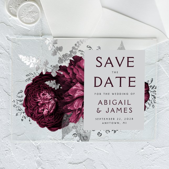 Invitaciones Acrílicas Floral Boda de plata borgoñona salva la fecha (Subido por el creador)