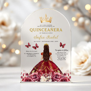 Invitaciones Acrílicas Floral Borgoña Mariposa Princesa Quinceañera