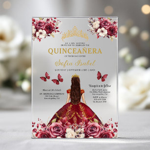 Invitaciones Acrílicas Floral Borgoña Mariposa Princesa Quinceañera