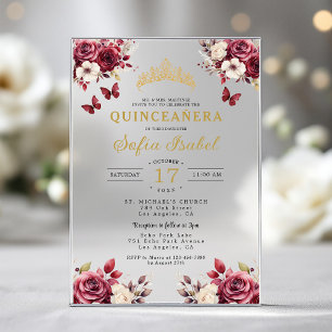 Invitaciones Acrílicas Floral Borgoña Mariposa Princesa Quinceañera