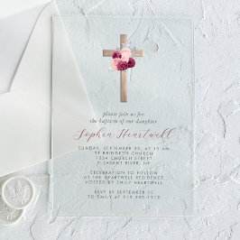 Invitaciones Acrílicas Floral Borgoña Rubor Silver Cross Chica Bautismo