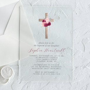 Invitaciones Acrílicas Floral Borgoña Rubor Silver Cross Chica Bautismo