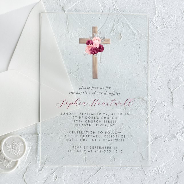 Invitaciones Acrílicas Floral Borgoña Rubor Silver Cross Chica Bautismo (Subido por el creador)