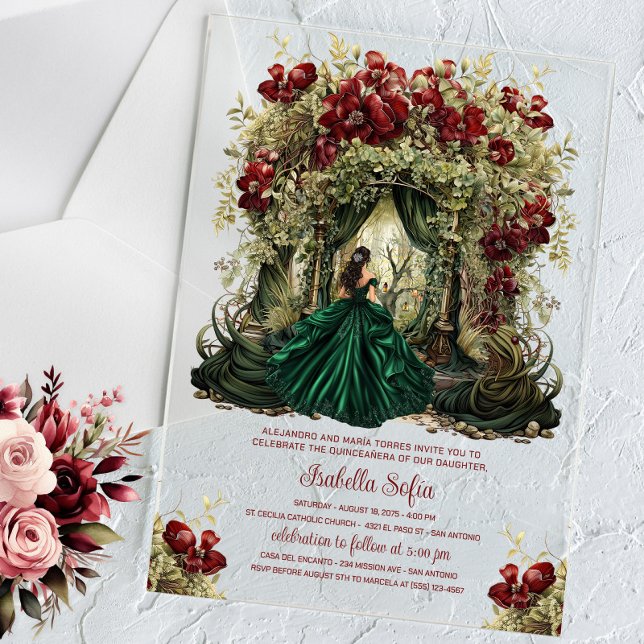 Invitaciones Acrílicas Floral borgoñona encantada (Enchanted forest invitation with beautiful emerald gown and floral forest entrance. Any occasion.)