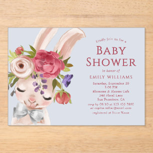 Invitaciones Acrílicas Floral Bunny Rabbit Watercolor Cute Baby Shower