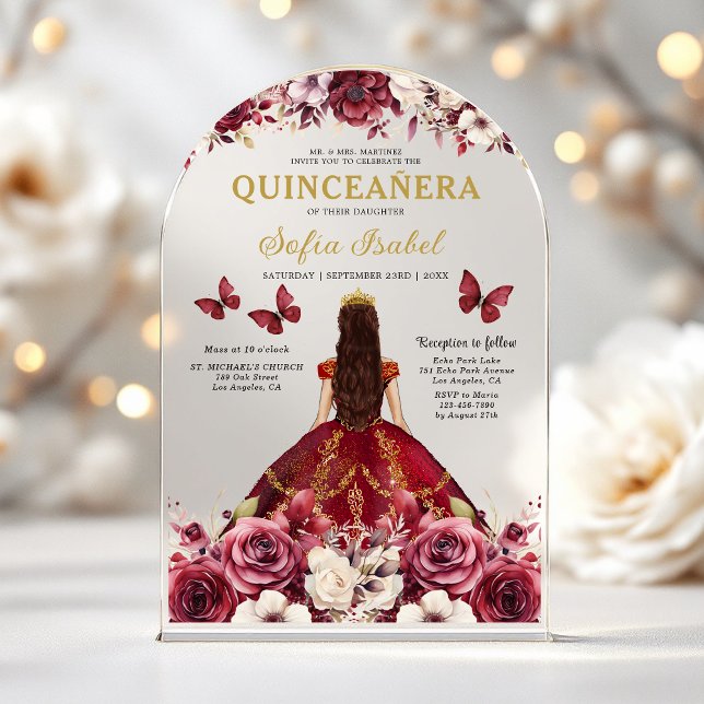 Invitaciones Acrílicas Floral Burgundy Butterfly Princess Quinceanera (Subido por el creador)