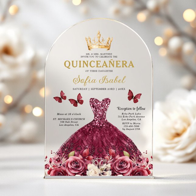 Invitaciones Acrílicas Floral Burgundy Butterfly Princess Quinceanera (Subido por el creador)