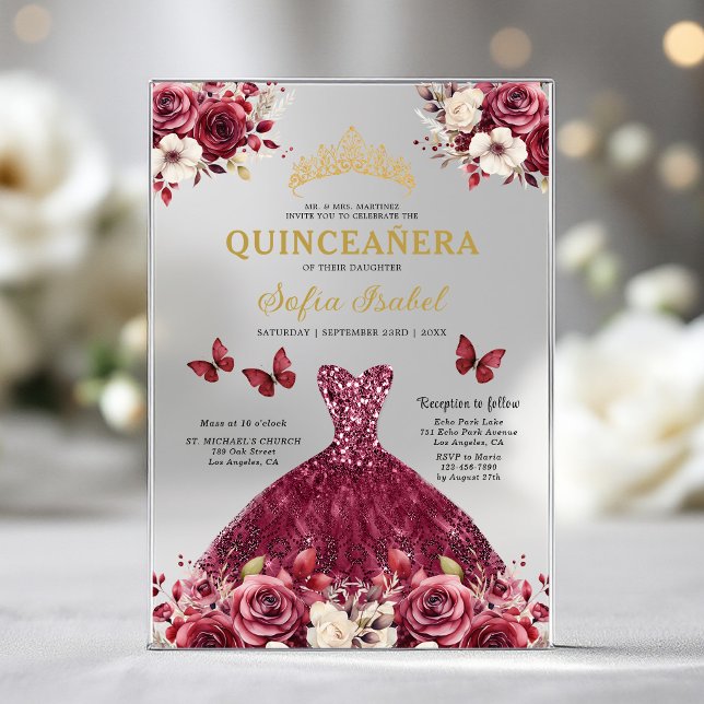 Invitaciones Acrílicas Floral Burgundy Butterfly Princess Quinceanera (Subido por el creador)