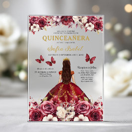 Invitaciones Acrílicas Floral Burgundy Butterfly Princess Quinceanera