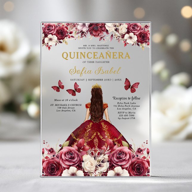 Invitaciones Acrílicas Floral Burgundy Butterfly Princess Quinceanera (Subido por el creador)