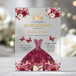 Invitaciones Acrílicas Floral Burgundy Butterfly Princess Quinceanera