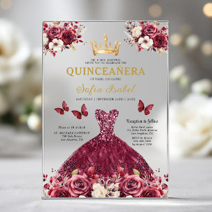 Invitaciones Acrílicas Floral Burgundy Butterfly Princess Quinceanera