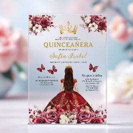 Invitaciones Acrílicas Floral Burgundy Butterfly Princess Quinceanera