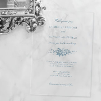 Invitaciones Acrílicas Floral clásica elegante azul grabado
