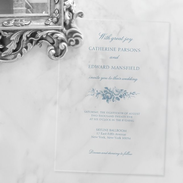 Invitaciones Acrílicas Floral clásica elegante azul grabado (Subido por el creador)