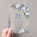 Invitaciones Acrílicas Floral de oro blanco azul 21 cumpleaños<br><div class="desc">Honre a una mujer especial con esta elegante y femenina invitación a la fiesta de cumpleaños número 21. 21 está escrito en gran texto azul. Sigue la celebración del cumpleaños. El nombre de la clientela distinguida también está escrito en mayúsculas azules. El resto del texto es gris de paloma suave....</div>