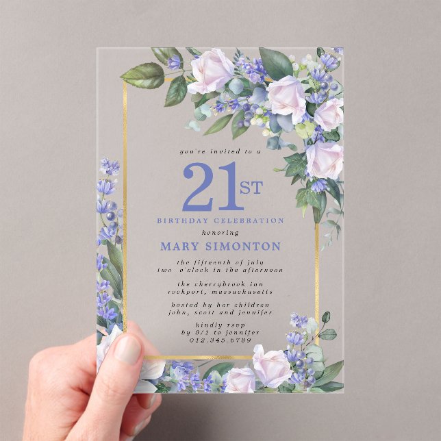 Invitaciones Acrílicas Floral de oro blanco azul 21 cumpleaños (Insitu (portátil))