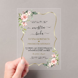 Invitaciones Acrílicas Floral de oro rosa caligrafía española Nuestra Bod