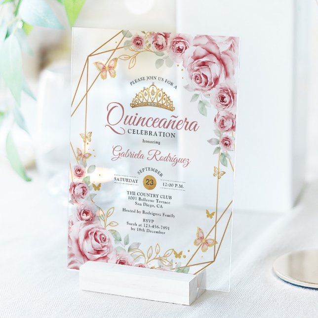 Invitaciones Acrílicas Floral de oro rosa Quinceanera (Subido por el creador)