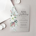 Invitaciones Acrílicas Floral de poinsettia blanca 40.ª Fiesta de cumplea<br><div class="desc">Una invitación perfecta para celebrar los 40 años durante la temporada navideña de los Navidades, este elegante diseño floral cuenta con una hermosa poinsettia de color blanco con eucalipto, bayas rojas y helio y un sage fondo verde. Personalizado con los detalles específicos de su fiesta. La edad puede ser personalizada...</div>