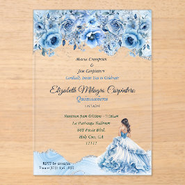 Invitaciones Acrílicas Floral de Quinceañera azul y plata