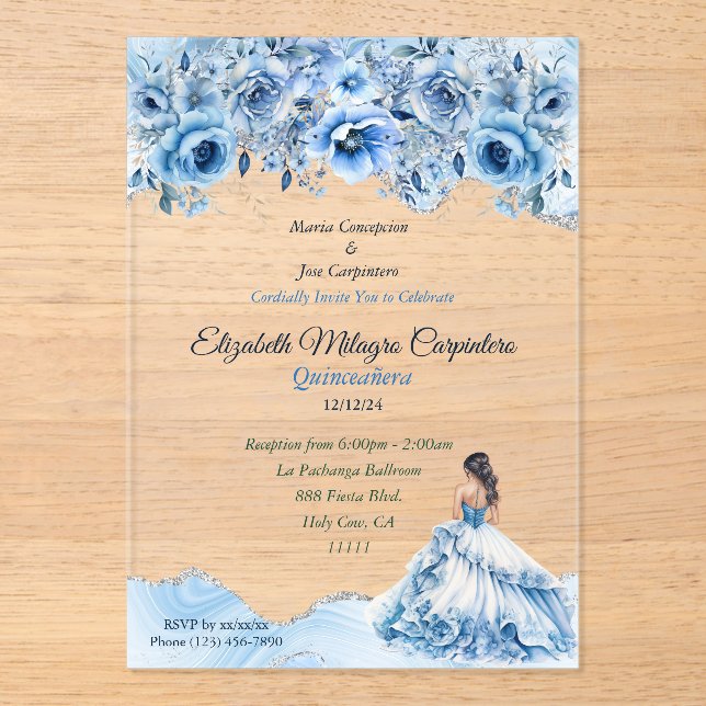 Invitaciones Acrílicas Floral de Quinceañera azul y plata (Anverso)
