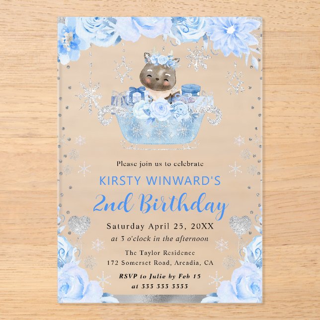 Invitaciones Acrílicas Floral de reno acuarela 2º cumpleaños (Anverso)