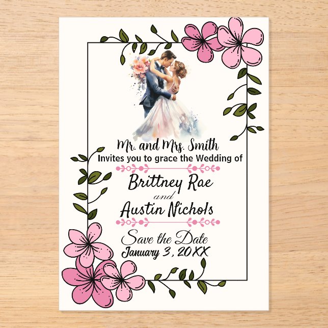 Invitaciones Acrílicas Floral Elegant Couple Wedding Invitation (Anverso)