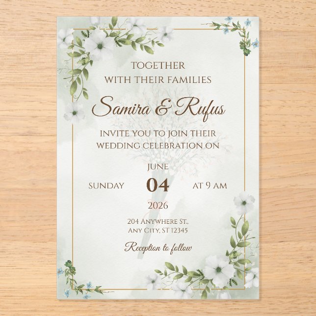 Invitaciones Acrílicas Floral Elegante - Rústico Boho Personalizable (Anverso)