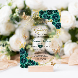 Invitaciones Acrílicas Floral Esmeralda Oro Tiara Mariposa Quinceañera