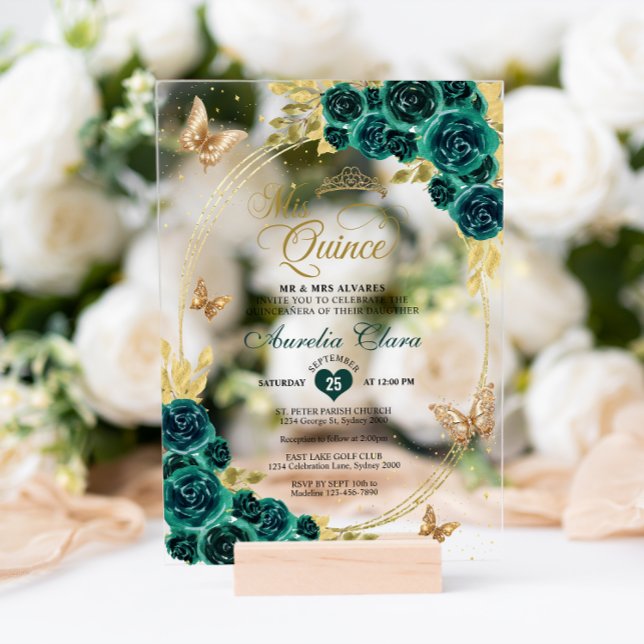 Invitaciones Acrílicas Floral Esmeralda Oro Tiara Mariposa Quinceañera (Subido por el creador)