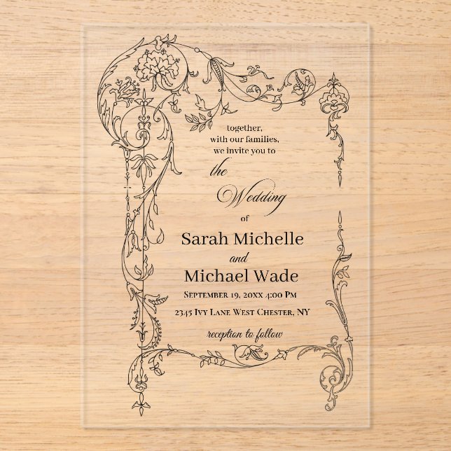 Invitaciones Acrílicas Floral Frame Calligraphy Acryli Wedding Invitation (Anverso)