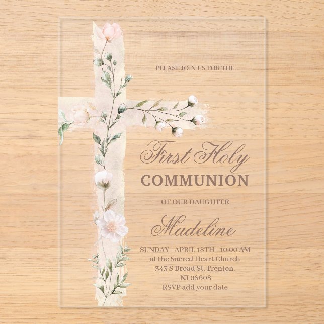 Invitaciones Acrílicas floral Holy cross First Communion (Anverso)