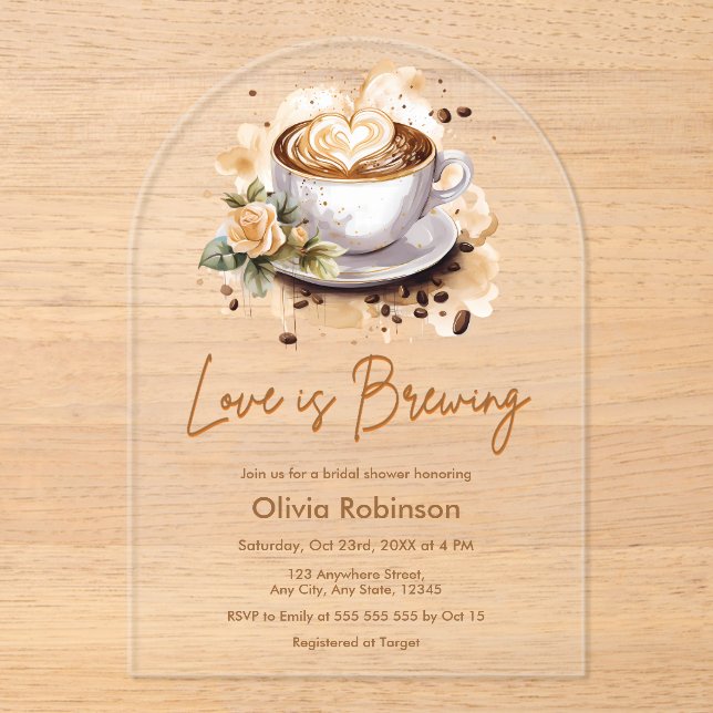 Invitaciones Acrílicas Floral Love is Brewing Brown Coffee Bridal Shower (Anverso)