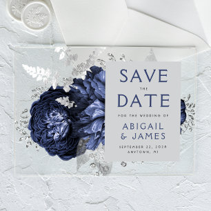 Invitaciones Acrílicas Floral Marina Blue Silver Wedding Salven la fecha