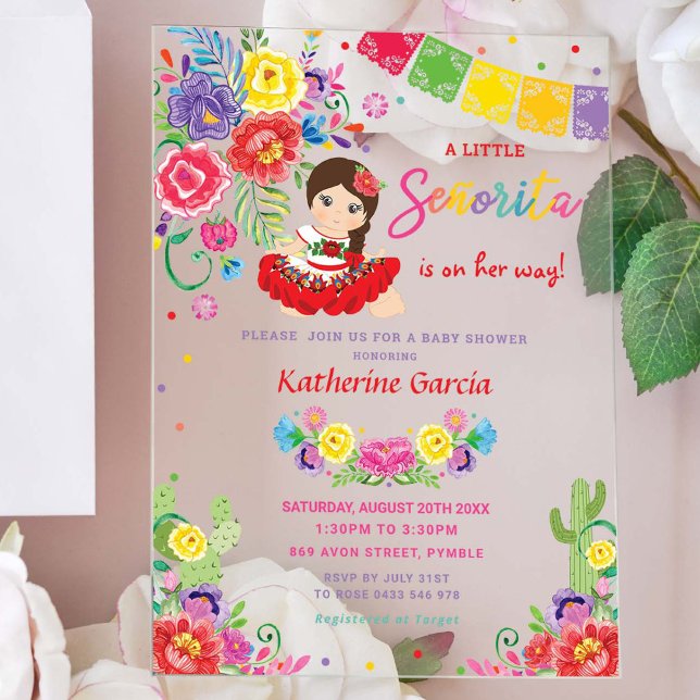 Invitaciones Acrílicas Floral mexicana pequeña señorita Chica Baby Shower (Subido por el creador)