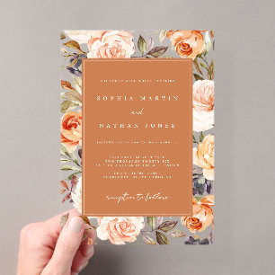 Invitaciones Acrílicas Floral Moderno de Hoja Naranja Quemado Claro Boda