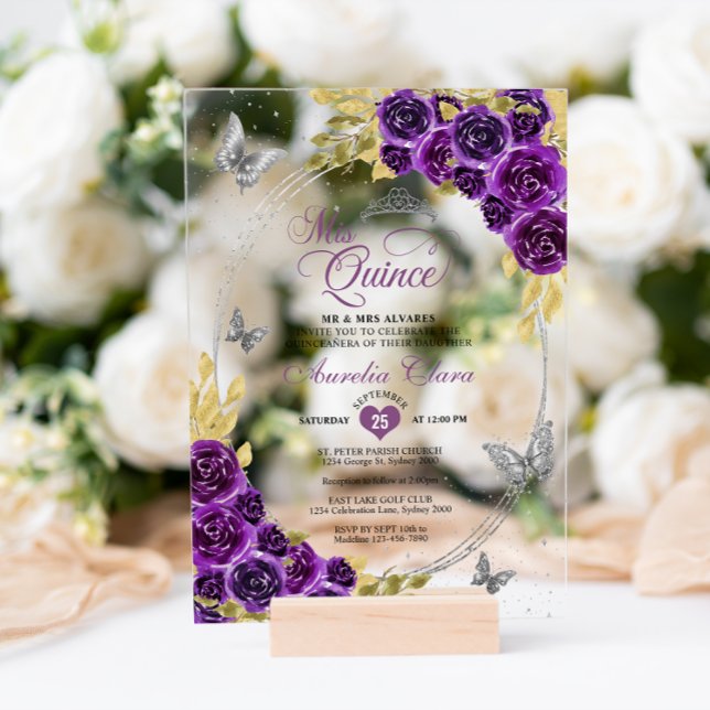 Invitaciones Acrílicas Floral Morada Plata Tiara Mariposa Quinceañera (Subido por el creador)