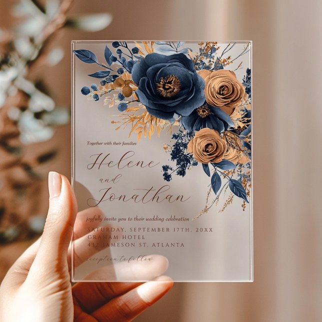Invitaciones Acrílicas Floral Navy Blue Terracotta Rust Elegant Wedding (Floral Navy Blue Terracotta Rust Elegant Wedding Acrylic Invitations)