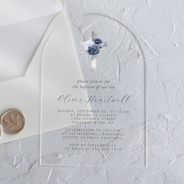 Invitaciones Acrílicas Floral Navy Dusty Blue Silver Cross Boys Bautismo (Subido por el creador)