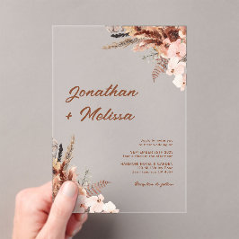 Invitaciones Acrílicas Floral Pampas Rustic Terracotta Script Boda