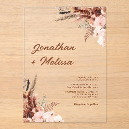 Invitaciones Acrílicas Floral Pampas Rustic Terracotta Script Boda