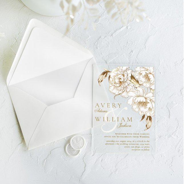 Invitaciones Acrílicas Floral Peonies White Golden Elegant Wedding (Subido por el creador)