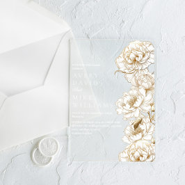 Invitaciones Acrílicas Floral Peonies White Golden Elegant Wedding