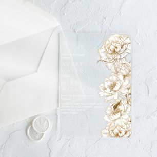 Invitaciones Acrílicas Floral Peonies White Golden Elegant Wedding