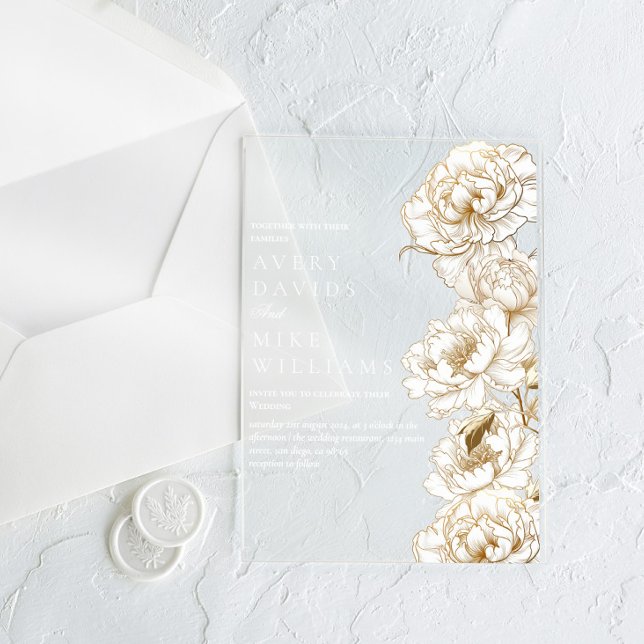Invitaciones Acrílicas Floral Peonies White Golden Elegant Wedding (Subido por el creador)
