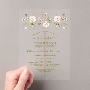 Invitaciones Acrílicas Floral Primera Comunión Trillizos Comunión