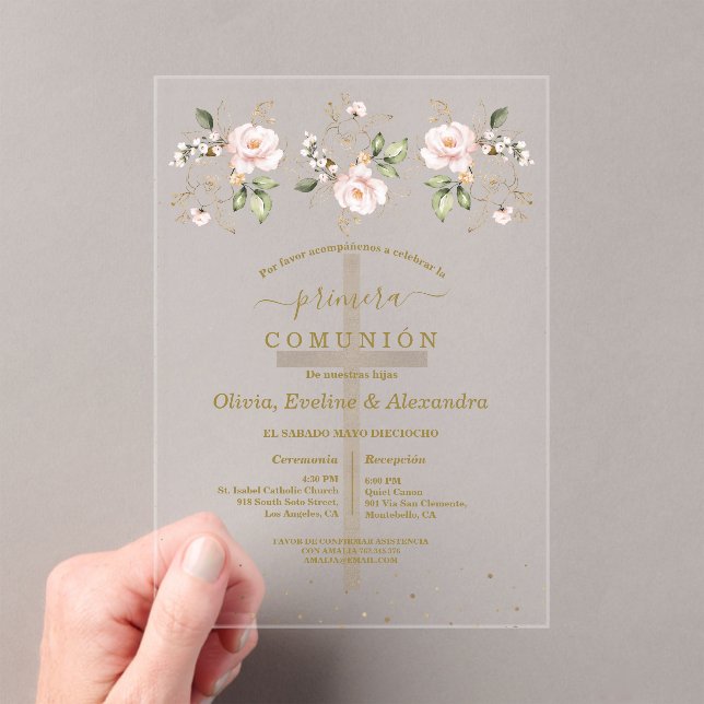 Invitaciones Acrílicas Floral Primera Comunión Trillizos Comunión (Insitu (portátil))