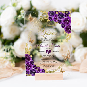 Invitaciones Acrílicas Floral Purple Gold Tiara Butterfly Mis Quinceañera